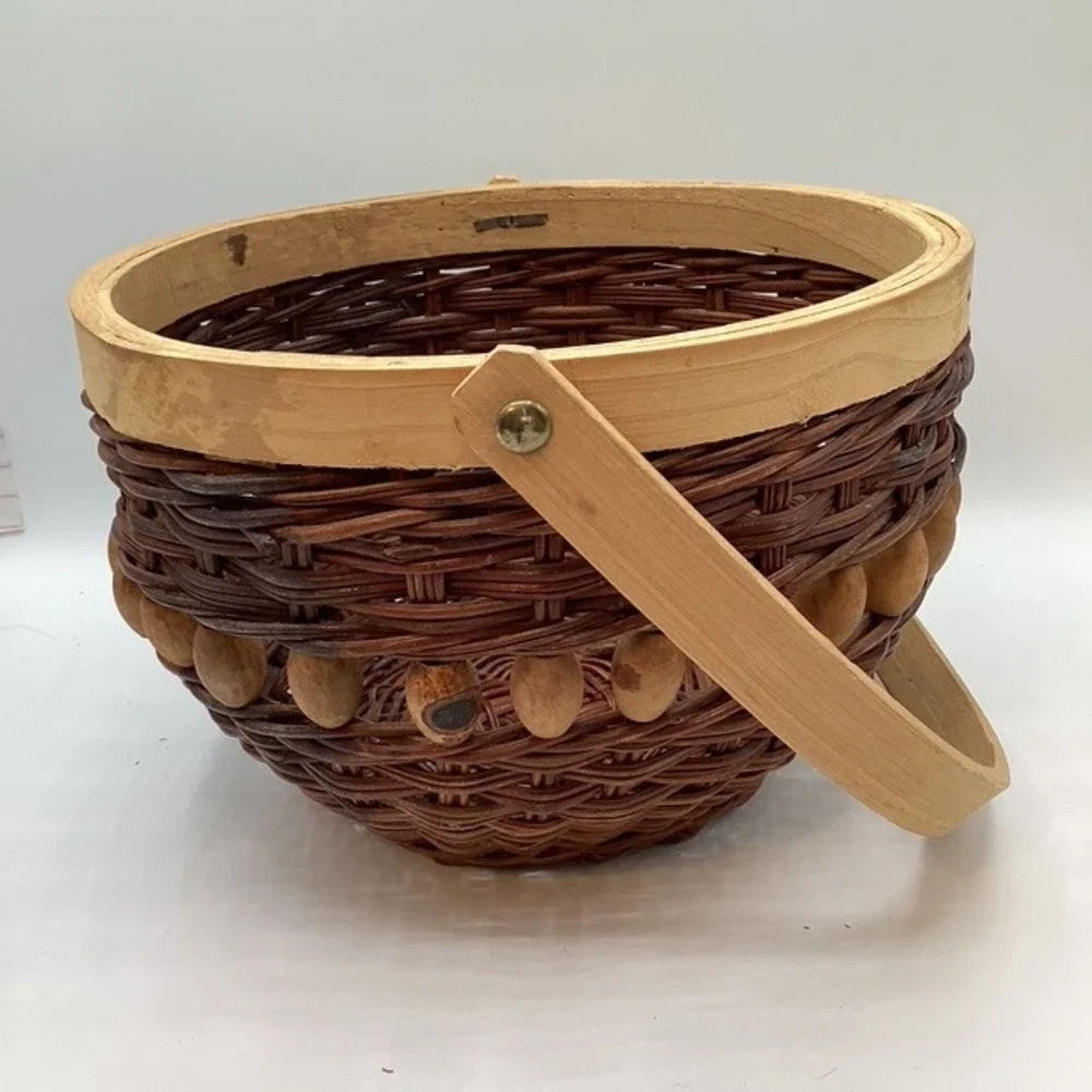 Rustic Wicker Basket Wood Handle Decorative Beads 6